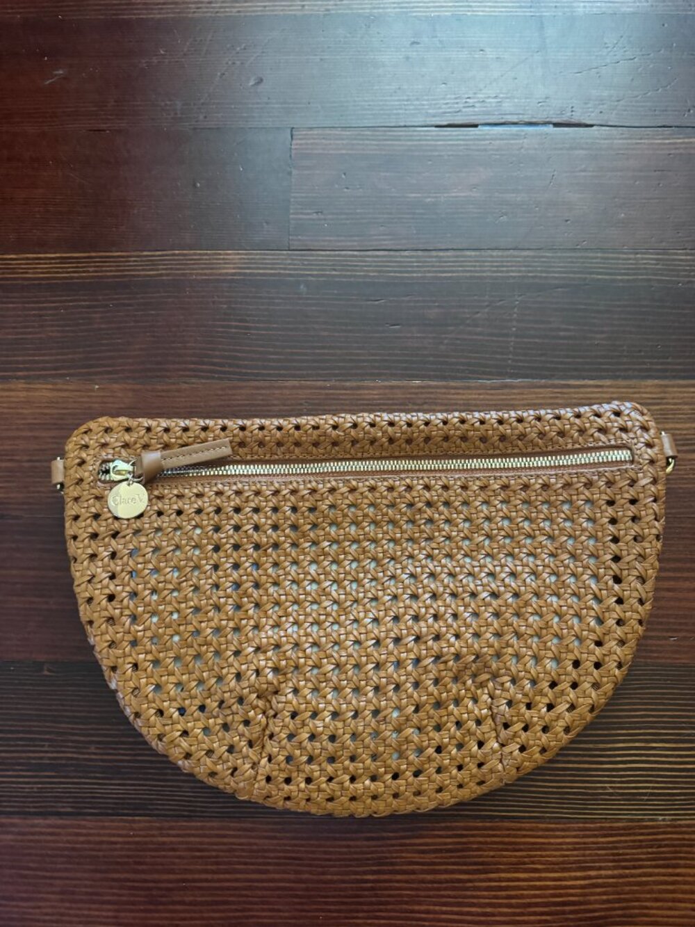 NWT Clare V. Grande Fanny in Tan Rattan Woven Leather + Black/Cream Checker Stra - Picture 4 of 10